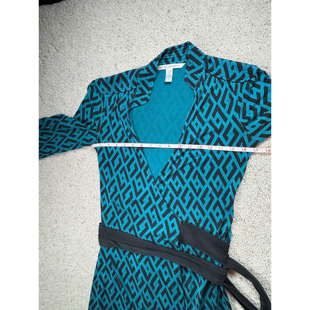 Diane von Furstenberg Tessa Wrap Dress Womens 2 Teal Geometric Silk Jersey - Picture 9 of 14